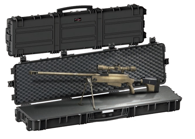 15416-TIKKA Opened black Pelican Explorer 15416 long gun case for AR-15 rifle with scope, showcasing interior compartments and padding.