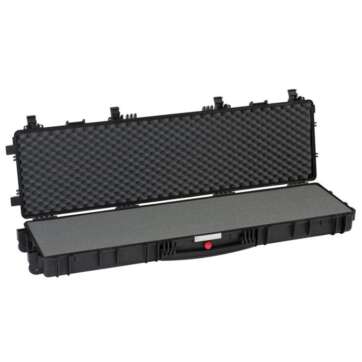 Black Explorer 13513 long gun case, opened, equipped with wheels and a handle for easy carrying.