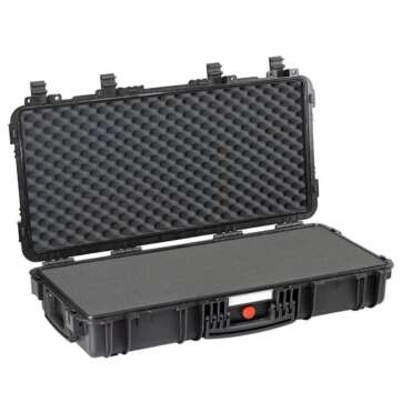 Opened RED by Explorer 7814 gun case with pick and pluck foam padding and a red button, designed for secure storage.