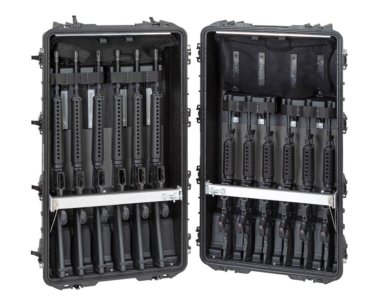 A spacious Explorer Tactical gun case containing multiple rifle racks, ideal for safely storing and transporting rifles.