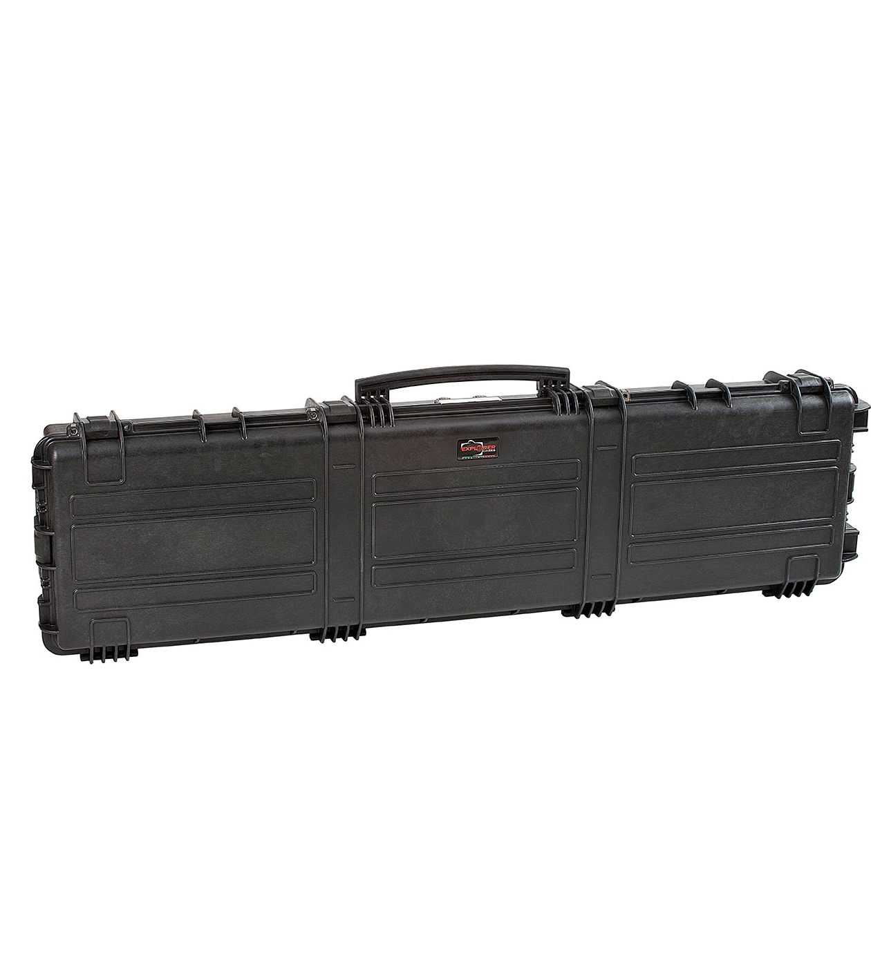 15416.Black closed Black Explorer 15416 long gun case with a handle, securely closed, designed for transporting firearms.