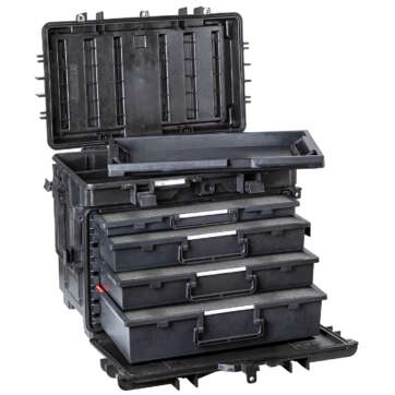 Explorer 5140 BKT01 pelican case, opened, showcasing four compartments and two extra compartments for versatile organization.
