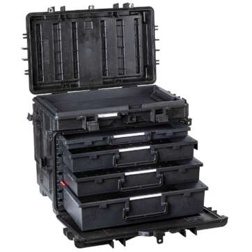 Opened Explorer 5140 BKT03 pelican case displaying four compartments and two trays for effective storage management.