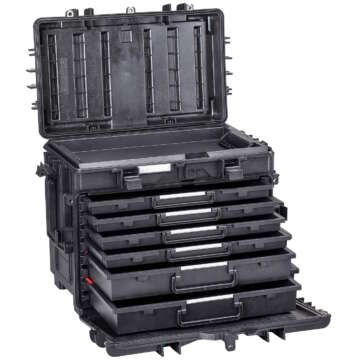 Explorer 5140 BKT03 pelican case, opened to reveal four compartments and two trays for optimal organization.