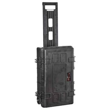 Black Explorer 5221 case with wheels shown from the front, isolated on a white background.