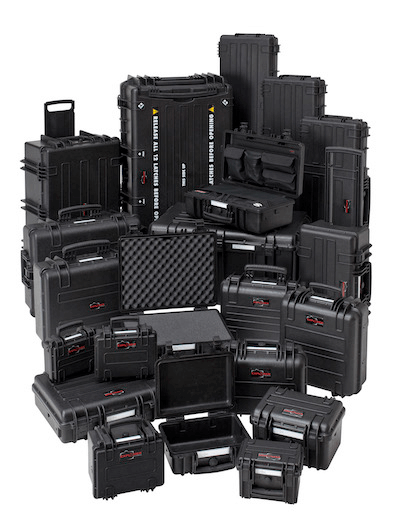 A large assortment of black explorer industrial cases arranged together, showcasing various sizes and styles.