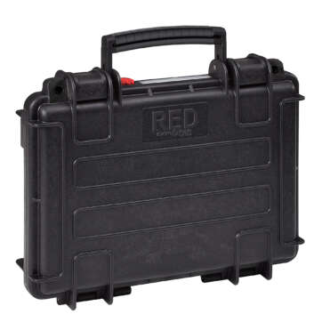 RED by Explorer 3005 gun case, securely closed with a handle and lock, featuring double egg foam for added protection.