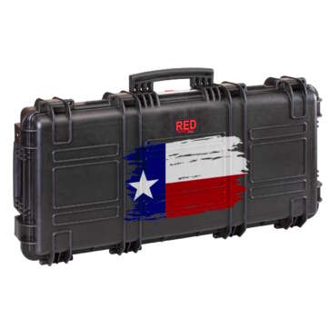 RED7814.BCV.TX Black long gun case with a Texas flag design on the lid, displayed in a closed position from the front.