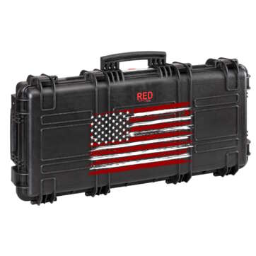 Front view of a closed black long gun case, showcasing the USA flag painted on the lid.