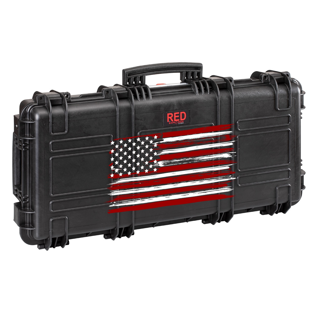RED7814.BCV.USA Front view of a closed black long gun case, showcasing the USA flag painted on the lid.