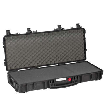 Opened Red by Explorer 9413 HL case with foam padding and a black handle, displayed from the front angle ideal for tactical 36-inch long guns.