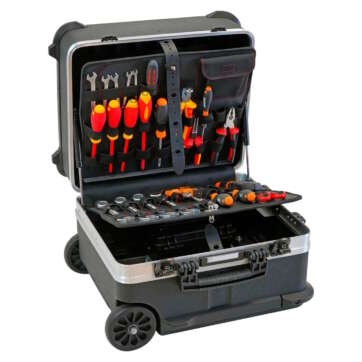 V-ROCK PEL tool case opened, revealing a collection of tools neatly arranged for easy access during projects.