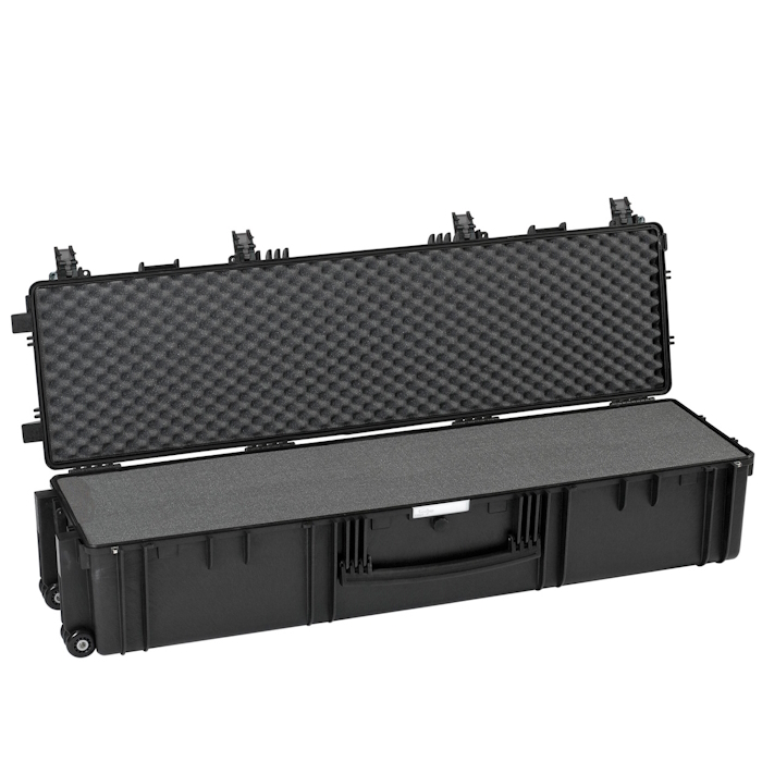 13527.B Large black Explorer 13527 long gun case with wheels and a handle, opened to reveal its interior space.