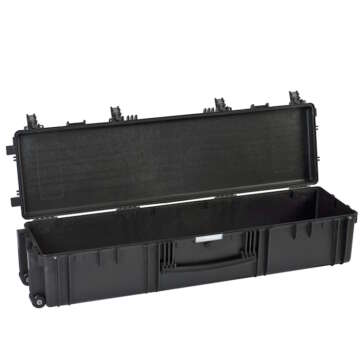 Explorer 13527 long gun case in black, opened, with wheels and a handle for convenient mobility.