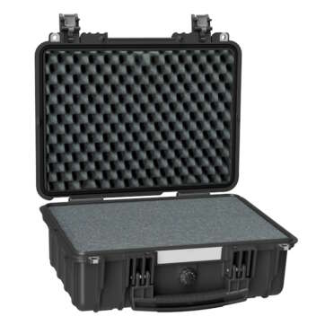 Explorer 3815 HL pelican case in black, opened to reveal pick and pluck foam padding and a durable handle for easy carrying.