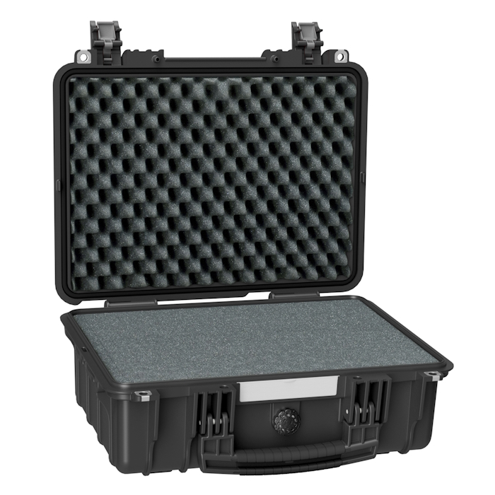 3815HL.B Explorer 3815 HL pelican case in black, opened to reveal pick and pluck foam padding and a durable handle for easy carrying.