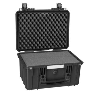 Opened black Explorer 3823 HL tactical short gun case with pick and pluck foam padding and a convenient handle for portability.