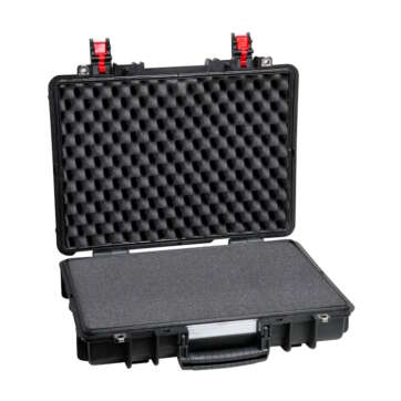Front view of an opened black Explorer 4209 HL case featuring pick and pluck foam padding inside.