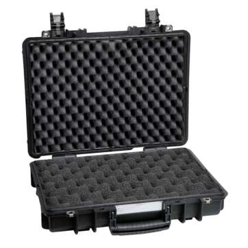 Front view of an opened black Explorer 4209 HL pelican case featuring double egg foam padding inside.