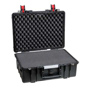 Open Explorer HL 4216 gun case in black, displaying pick and pluck foam padding and a foam insert for organized storage.