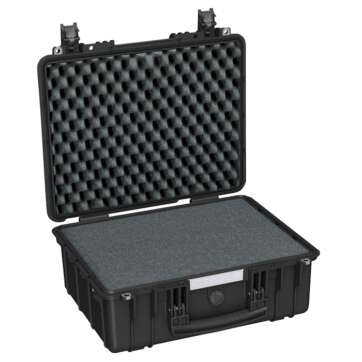 Black Explorer HL 4419 pelican case, open, showcasing foam padding and a custom foam insert for protection.