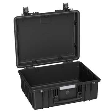 Open black Explorer gun case 4820 HL with wheels and handle, designed for easy transport and storage of equipment.