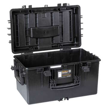 Explorer 5131 hard gun case featuring two compartments and a handle, shown empty and ready for use.