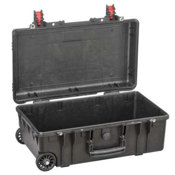 Explorer 5221 gun case with wheels and handle, shown empty and ready for transport.
