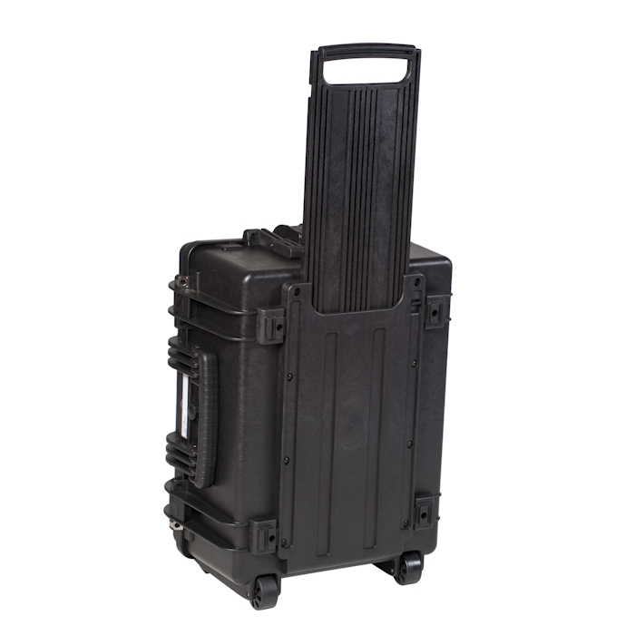 5326 B_BACK 2 Black Explorer case 5326 with wheels, viewed from the back, set against a white background.