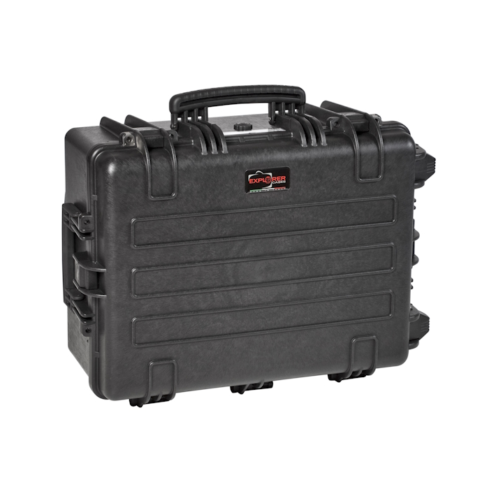 5326 B_CLOSED Closed view of a black Explorer hard plastic gun case 5326 with wheels and handles, designed for easy transport.