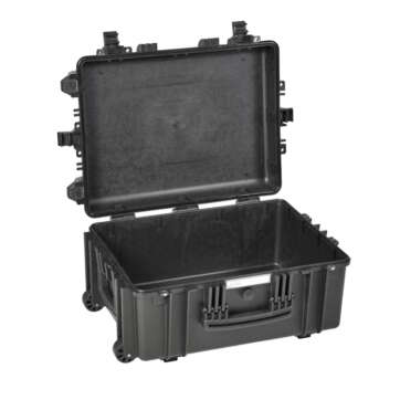 Empty black Explorer gun case 5326, open and equipped with wheels and a handle for easy carrying and transport.