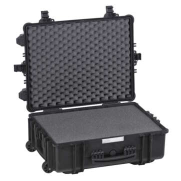 Black Explorer gun case 5823, open with pick and pluck foam padding, featuring wheels for convenient mobility.