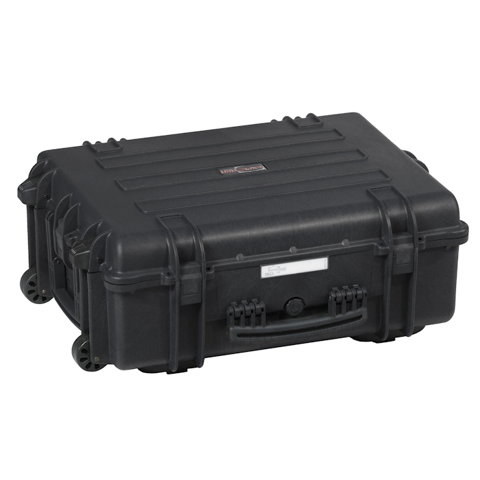 5823.B CLOSED 1 Black military plastic gun case with wheels and handles, model Explorer Case 5823, shown in a closed position.