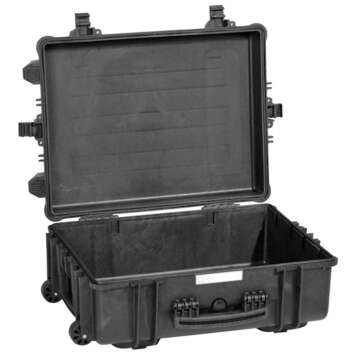Black Explorer gun case 5823, empty and open, featuring wheels and a handle for convenient mobility.