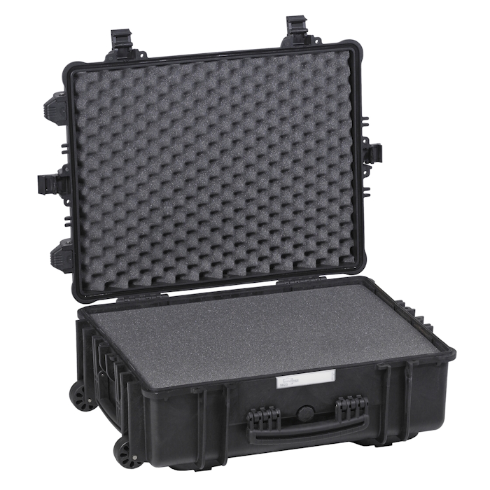 5823.B Black Explorer gun case 5823, open with pick and pluck foam padding, featuring wheels for convenient mobility.