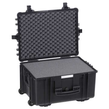 Explorer Case 5833, open to reveal pick and pluck foam padding and wheels for easy mobility and protection of contents.