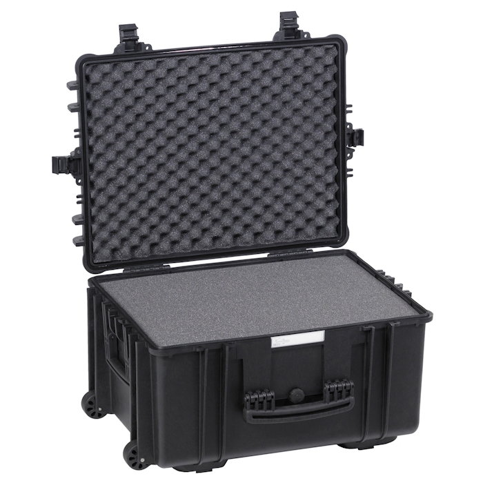 5833.B OPEN Explorer Case 5833, open to reveal pick and pluck foam padding and wheels for easy mobility and protection of contents.