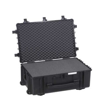 Black wheeled case with foam interior, labeled as Explore Case 7630