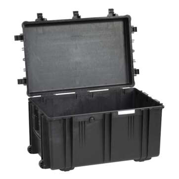 Black Explorer 7641 pelican case with wheels and handles, opened to reveal its interior storage space for tactical.