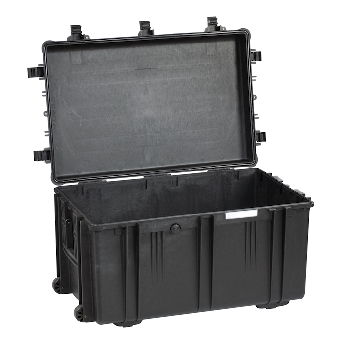 7641.B E Black Explorer 7641 pelican case with wheels and handles, opened to reveal its interior storage space for tactical.