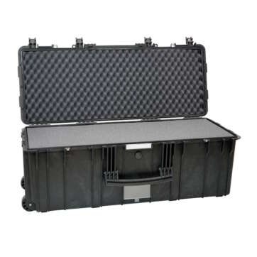 Sturdy black Explorer 97433 gun case on wheels, equipped with foam for safe storage of firearms.