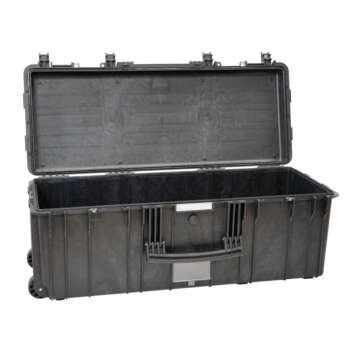 Explorer 97433 black gun case with wheels and foam, ideal for safe and convenient firearm storage.