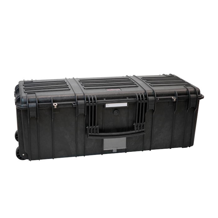 9433.B closed Explorer 97433 black gun case featuring wheels and handles for convenient mobility and secure firearm storage.