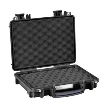Opened black gun case, Explorer 3005 model, with a double egg foam insert for added protection.
