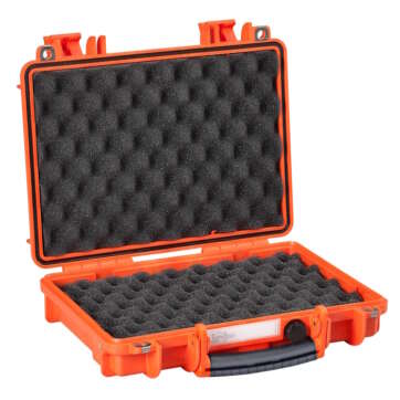 Opened orange gun case, Explorer 3005 model, with a double egg foam insert for added protection.