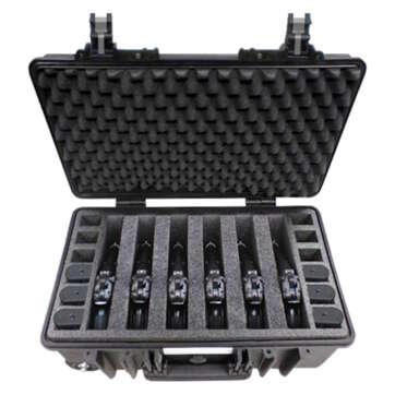 Inside a black Explorer 5221 gun case, six black pistols are organized for easy access and portability.